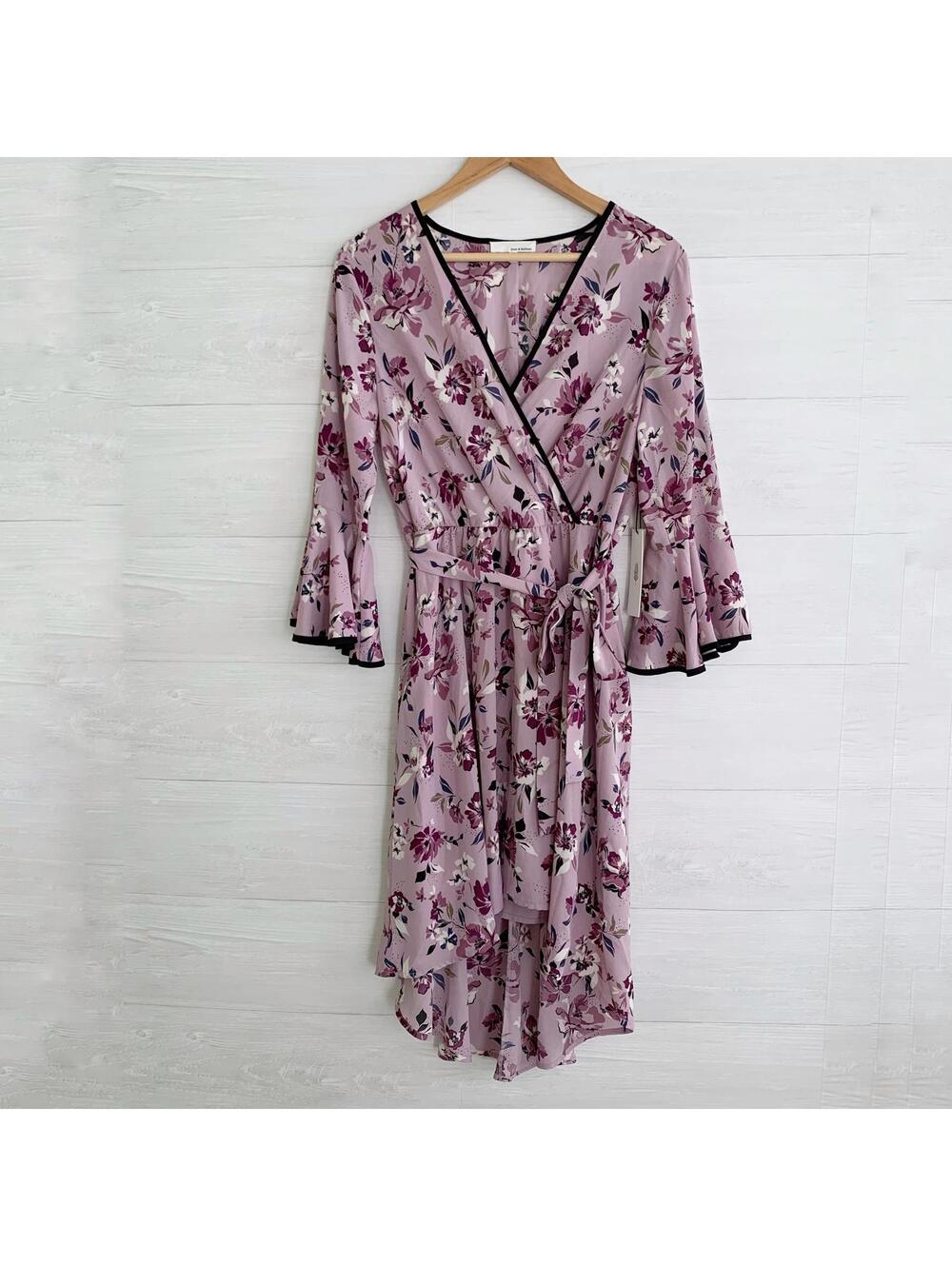 NWT June & Hudson Purple Floral Faux Wrap Hi Low Midi Dress Bell Sleeve L